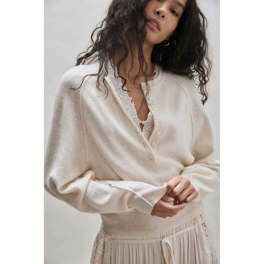 Free People Women 100% Cashmere Sweater Large Pearl Porta Henley
